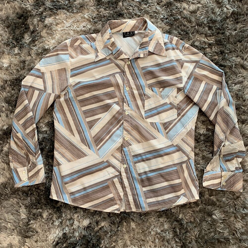 Taxi Made In Italy Mens XL Long Sleeve Button down Brown, beige Dress shirt